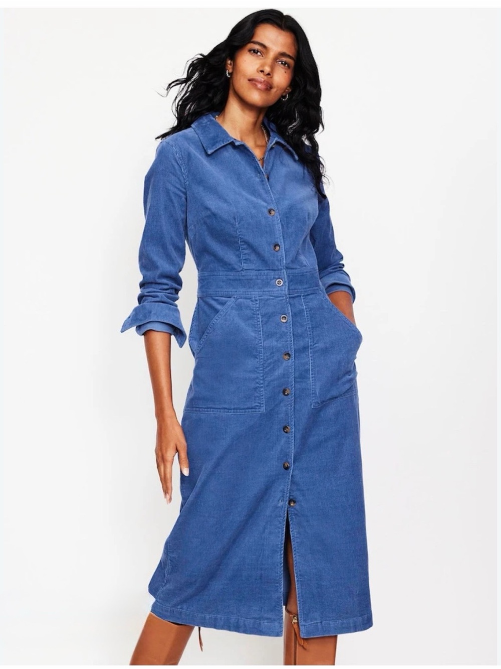 Boden Flora Cord Corduroy Stretch Long Sleeve Button Front Shirt Midi Dress